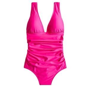 J. Crew Ruched V Neck One Piece Swimsuit Radiant Fuchsia Pink 12 New with Tag